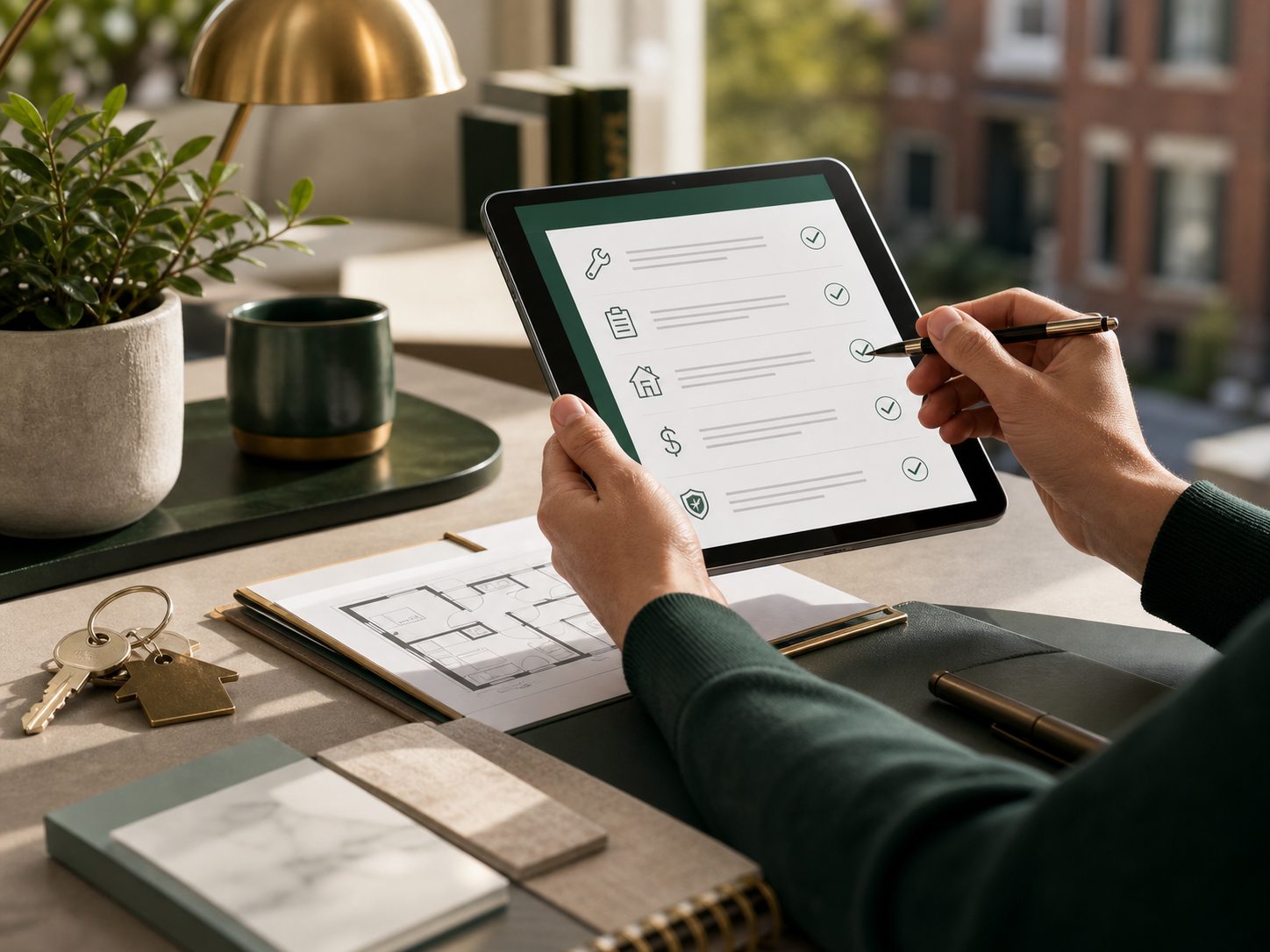 Rental management checklist with keys and planning materials